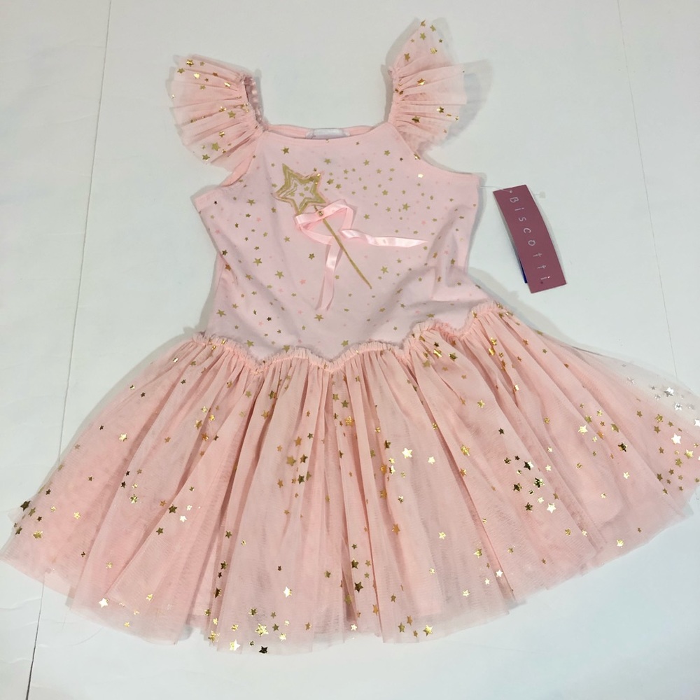 💕Soft Pink Girls Fairy Dress with Gold Accents✨